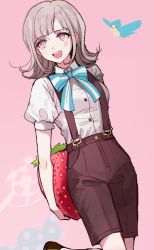 Rule 34 | 16 (0xhsk16), 1girl, bird, blouse, blue bow, blush, bow, breasts, brown shorts, collared shirt, commentary request, danganronpa (series), danganronpa 2: goodbye despair, dress shirt, flipped hair, food, fruit, high-waist shorts, highres, holding, holding pillow, large breasts, leg up, looking at viewer, looking to the side, medium hair, nanami chiaki, open mouth, pillow, pink background, pink eyes, puffy sleeves, shirt, shoes, short sleeves, shorts, smile, solo, strawberry, strawberry-shaped pillow, striped, striped bow, suspender shorts, suspenders, teeth, upper teeth only, white shirt