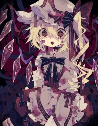 Rule 34 | 1girl, :d, @ @, absurdres, apron, bandaid, bandaid on face, black choker, blonde hair, blood, blood on clothes, choker, commentary request, cowboy shot, crystal, fangs, flandre scarlet, hat, hat ribbon, highres, long sleeves, looking at viewer, mob cap, muted color, neck ribbon, nikorashi-ka, open mouth, red eyes, red ribbon, red skirt, red vest, ribbon, shirt, side ponytail, skirt, smile, solo, sweatdrop, touhou, vampire, vest, waist apron, white apron, white hat, white shirt, wings