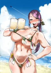 Rule 34 | 1girl, absurdres, aircraft, airplane, areola slip, beach, bikini, blush, breasts, breath, cloud, condom, condom belt, cowboy shot, cum, cum in container, cup, day, dekosukentr, female focus, green eyes, groin, half-closed eyes, hand on own hip, hand up, highres, hip focus, holding mug, huge breasts, idolmaster, idolmaster cinderella girls, legs, licking, licking lips, long hair, low ponytail, mug, multiple condoms, naughty face, navel, nose blush, ocean, open mouth, outdoors, purple hair, sand, sky, smile, solo, standing, sweat, swept bangs, swimsuit, teeth, thighs, tongue, tongue out, upper teeth only, used condom, water, yamato aki