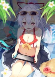 Rule 34 | 1girl, bag, ball, bare arms, bare shoulders, beachball, bikini, blurry, blurry foreground, blush, bow, breasts, cleavage, collarbone, commentary request, eyewear on head, fate/grand order, fate (series), feet out of frame, flower, from above, gluteal fold, hair between eyes, hair ribbon, handheld game console, hat, highres, holding, igayan, innertube, large breasts, looking at viewer, looking up, navel, nintendo 3ds, nintendo switch, open mouth, playstation vita, ponytail, red eyes, red ribbon, revision, ribbon, sarong, see-through, shadow, silver hair, sitting, smile, solo, stomach, sun hat, sunglasses, sweat, swim ring, swimsuit, tablet pc, thighs, tomoe gozen (fate), umbrella, white bikini, white flower, yellow-framed eyewear, yellow bow