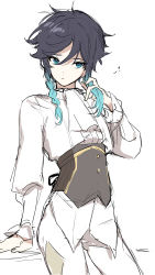 Rule 34 | 1boy, ?, absurdres, androgynous, argyle, argyle clothes, argyle legwear, ascot, black hair, blue hair, braid, closed mouth, collared shirt, commentary, corset, english commentary, frilled sleeves, frills, genshin impact, gradient hair, green eyes, highres, kkopoli, long sleeves, male focus, multicolored hair, pantyhose, shirt, short hair with long locks, side braids, sidelocks, simple background, solo, twin braids, venti (genshin impact), white background, white pantyhose, white shirt