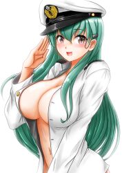 Rule 34 | 1girl, bikini, borrowed clothes, breasts, cleavage, green hair, hair ornament, hairpin, hat, highres, jacket, kantai collection, large breasts, long hair, looking at viewer, military hat, military jacket, military uniform, navel, open mouth, peaked cap, salute, simple background, smile, solo, suzuya (kancolle), swimsuit, uniform, upper body, ura tomomi, white background, yellow eyes