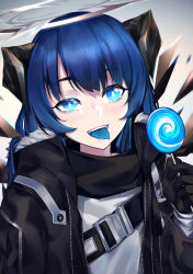 Rule 34 | 1girl, :d, arknights, black gloves, black jacket, blue eyes, blue hair, blue tongue, blush, candy, colored tongue, commentary, food, fur-trimmed jacket, fur trim, gloves, halo, hand up, highres, holding, holding food, horns, jacket, lollipop, long hair, long sleeves, mostima (arknights), open clothes, open jacket, open mouth, shirt, smile, solo, tongue, tongue out, upper body, wakamepiza, white shirt