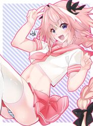 Rule 34 | 1boy, astolfo (fate), astolfo (sailor paladin) (fate), black bow, blush, bow, braid, bulge, crop top, crossed bangs, fang, fate/apocrypha, fate/grand order, fate (series), hair bow, hair intakes, hand up, haoro, highres, linea alba, long braid, long hair, male focus, midriff, multicolored hair, navel, neckerchief, open mouth, panties, pantyshot, pink hair, pink neckerchief, pink sailor collar, pink serafuku, pink skirt, pleated skirt, purple eyes, sailor collar, school uniform, serafuku, shirt, short sleeves, signature, single braid, skin fang, skirt, smile, solo, stomach, streaked hair, striped background, striped clothes, striped panties, thighhighs, trap, two-tone hair, underwear, v, white hair, white shirt, white thighhighs
