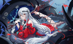 Rule 34 | 1girl, absurdres, arknights, bare shoulders, black ribbon, breasts, closed mouth, detached sleeves, dress, fish, from side, full body, hair between eyes, highres, holding, holding staff, leg ribbon, long hair, long sleeves, looking at viewer, looking to the side, medium breasts, no headwear, official alternate costume, red dress, red eyes, ribbon, short dress, silver hair, skadi (arknights), skadi the corrupting heart (arknights), smile, solo, staff, tentacles, very long hair, wide sleeves, yuku~