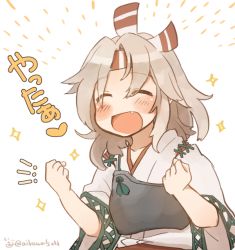 Rule 34 | 10s, 1girl, clenched hands, closed eyes, fang, hachimaki, headband, high ponytail, ina (1813576), japanese clothes, kantai collection, light brown hair, long hair, muneate, ponytail, ribbon-trimmed sleeves, ribbon trim, simple background, smile, solo, sparkle, translated, twitter username, upper body, zuihou (kancolle)