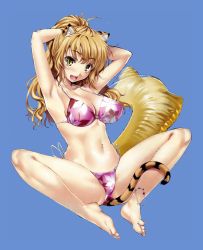 Rule 34 | 1girl, absurdres, adjusting hair, animal ears, anklet, armpits, arms up, bad id, bad yandere id, barefoot, bikini, blonde hair, breasts, cat ears, cat tail, cle masahiro, fangs, feet, highres, innertube, jewelry, large breasts, long hair, original, pink bikini, simple background, slit pupils, solo, swim ring, swimsuit, tail, tiger ears, tiger tail, toes, yellow eyes