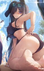Rule 34 | 2girls, ass, bare arms, bare shoulders, barefoot, bikini, black bikini, black hair, blue bikini, blue eyes, blue hair, blue sky, blush, breasts, closed mouth, commentary request, eyes visible through hair, eyewear on head, feet, from behind, hair over one eye, highres, kneeling, large breasts, long hair, looking at viewer, looking back, multiple girls, navel, neshia (tsaqif0309), o-ring, o-ring bikini, original, outdoors, sky, solo focus, stomach, sunglasses, swimsuit, toes, wet
