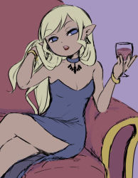 Rule 34 | 1girl, adjusting hair, alternate costume, blonde hair, blue eyes, bracelet, choker, couch, crossed legs, cup, dark-skinned female, dark skin, dress, drinking glass, jewelry, lipstick, makeup, nintendo, open mouth, pointy ears, red lips, sitting, solo, source request, tetra, the legend of zelda, the legend of zelda: the wind waker, usushira