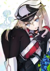 Rule 34 | 10s, 1girl, atsumi jun, black pantyhose, blonde hair, boots, capelet, graf zeppelin (kancolle), hair between eyes, hat, kantai collection, long hair, looking at viewer, pantyhose, peaked cap, sidelocks, sitting, skirt, solo, twintails