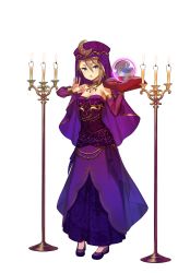 Rule 34 | 1girl, ange (princess principal), arabian clothes, arm warmers, bare shoulders, blue eyes, breasts, brown hair, candle, candlestand, choker, crescent moon symbol, crystal ball, dress, fire, full body, hand up, headwear request, highres, looking at viewer, official art, princess principal, princess principal game of mission, purple dress, purple legwear, short hair, small breasts, solo, standing, transparent background