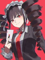 Rule 34 | 1girl, absurdres, ace (playing card), ace of hearts, black hair, black jacket, black nails, card, celestia ludenberg, closed mouth, collared shirt, commentary, danganronpa: trigger happy havoc, danganronpa (series), dress shirt, drill hair, hairband, heart, highres, jacket, lolita hairband, long sleeves, looking at viewer, nail polish, necktie, playing card, red background, red eyes, red necktie, shirt, sidelocks, simple background, solo, tsukuno tsuki, twin drills, upper body, white shirt