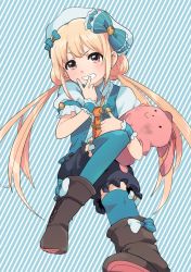 Rule 34 | 1girl, black footwear, black shorts, blonde hair, blue bow, blue thighhighs, blue vest, boots, bow, brown eyes, buttons, collared shirt, eyebrows, frilled bow, frills, futaba anzu, grin, hat, hat bow, highres, holding, holding stuffed toy, idolmaster, idolmaster cinderella girls, long hair, low twintails, medu (rubish), necktie, open clothes, open vest, orange necktie, puffy short sleeves, puffy sleeves, shirt, short sleeves, shorts, sidelocks, smile, solo, striped, striped background, striped bow, stuffed animal, stuffed rabbit, stuffed toy, teeth, thighhighs, twintails, unbuttoned, v, vest, white hat, white shirt, wristband, zettai ryouiki