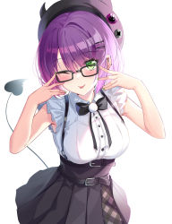 Rule 34 | 1girl, ;p, benchen06, beret, black bow, black bowtie, black hat, black skirt, blush, bow, bowtie, breasts, collared shirt, commentary, demon tail, dress shirt, ear piercing, fake horns, glasses, green eyes, green nails, hair between eyes, hair ornament, hairclip, hat, high-waist skirt, highres, hololive, horned headwear, horns, looking at viewer, medium breasts, multicolored nails, nail polish, official alternate costume, one eye closed, piercing, pleated skirt, purple hair, purple nails, shirt, short hair, simple background, skirt, sleeveless, sleeveless shirt, solo, tail, tokoyami towa, tongue, tongue out, virtual youtuber, white shirt