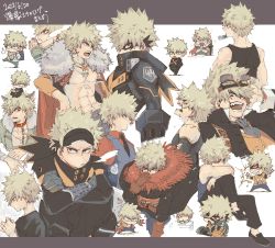 Rule 34 | 1boy, abs, animal ears, bag, bakugou katsuki, bare shoulders, black bodysuit, black footwear, black mask, black necktie, black pants, black shirt, black tank top, blonde hair, blood, bodysuit, boku no hero academia, brown gloves, cape, chain, chibi, closed mouth, collar, commentary request, crossed arms, dated, detached sleeves, eye mask, formal, fur-trimmed cape, fur-trimmed jacket, fur trim, gloves, goggles, goggles on head, hand on own head, higa drug, highres, jacket, jewelry, kemonomimi mode, long sleeves, looking at viewer, male focus, necklace, necktie, no nipples, official alternate costume, open mouth, orange shirt, pants, pectorals, pout, red collar, red eyes, scarf, shirt, shoes, short hair, simple background, sitting, spiked hair, suit, tank top, topless male, translation request, vest, white background