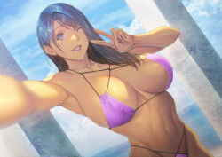 Rule 34 | 1girl, armpits, bare arms, bare shoulders, bikini, blue eyes, blue hair, blue sky, breasts, cleavage, cloud, cloudy sky, commentary request, female focus, grin, hair behind ear, hair over shoulder, highres, homare (fool&#039;s art), large breasts, long hair, looking at viewer, navel, one eye closed, original, outdoors, pillar, pink bikini, pink lips, pink nails, selfie, sky, smile, solo, stomach, string bikini, swept bangs, swimsuit, tan, teeth, upper body, v, wink