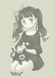 Rule 34 | 1girl, blush, bow, cat, closed mouth, coco (kuro), commentary, cropped legs, dress, grey background, greyscale, hair bow, headpat, invisible chair, kuro (kuro), kuro (manga), monochrome, pas (paxiti), pom pom (clothes), short dress, simple background, sitting, smile, socks, solo, spot color, twintails