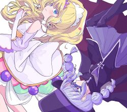 Rule 34 | apron, back bow, blonde hair, blue eyes, blush, bow, braid, bridal gauntlets, cape, choker, commentary, cure finale, delicious party precure, domino mask, dual persona, gentlu (precure), grey hair, hat, highres, hitorigoto (cure), huge bow, kasai amane, long hair, magical girl, mask, precure, red eyes, tiara, top hat, twin braids, two-sided cape, two-sided fabric, white bow, white choker, wide ponytail