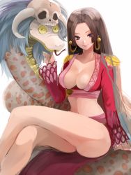 Rule 34 | 1girl, amazon warrior, black hair, blue eyes, blush, boa hancock, breasts, cleavage, collarbone, colored sclera, crop top, crossed legs, earrings, forked tongue, horns, jewelry, large breasts, legs, long hair, long legs, long skirt, long sleeves, looking at viewer, midriff, one piece, salome (one piece), settyaro, sitting, sketch, skirt, skull, smile, snake, snake earrings, solo, tongue, white background, yellow sclera