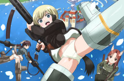 Rule 34 | 3girls, animal ears, ass, blonde hair, blue eyes, blush, breasts, brown hair, castle, closed mouth, crotch, dog ears, dog girl, dog tail, erica hartmann, flying, gertrud barkhorn, gun, holding, holding weapon, hosoinogarou, island, long hair, looking at viewer, looking back, military uniform, minna-dietlinde wilcke, multiple girls, navel, open mouth, orange eyes, outdoors, panties, red hair, rifle, short hair, small breasts, smile, spread legs, strike witches, striker unit, tail, thighs, twintails, underwear, uniform, weapon, white panties, world witches series