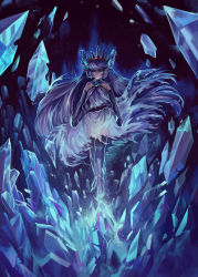 Rule 34 | 10s, 1girl, aura, bare shoulders, black gloves, black legwear, blue eyes, blue flower, blue rose, clenched hands, crystal, dress, elbow gloves, floating, flower, full body, glaring, gloves, glowing, granblue fantasy, hair ornament, ice, light purple hair, lily (granblue fantasy), long hair, looking at viewer, magic, pointy ears, rose, serious, sleeveless, sleeveless dress, solo, tiara, torn clothes, torn dress, very long hair, white dress, wind, yilx