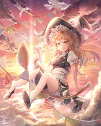 Rule 34 | 1girl, ahoge, black hat, blonde hair, blush, bow, braid, broom, broom riding, cloud, diffraction spikes, dusk, flying, full body, hat, kirisame marisa, long hair, looking at viewer, open mouth, orange sky, outdoors, ozzingo, side braid, sky, smile, socks, solo, sparkle, touhou, wavy hair, white bow, white socks, witch hat