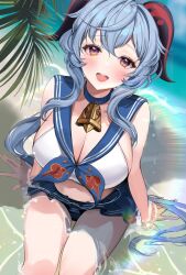 Rule 34 | 1girl, :d, ahoge, bare shoulders, beach, bell, blue hair, blush, breasts, choker, cleavage, ganyu (genshin impact), genshin impact, goat horns, horns, large breasts, long hair, looking at viewer, mikan03 26, neck bell, neckerchief, open mouth, palm leaf, partially submerged, purple eyes, sailor collar, sidelocks, skirt, smile, solo, wet