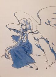 Rule 34 | 1girl, barefoot, closed mouth, collared shirt, commentary request, dress, feathered wings, flat chest, highres, invisible chair, kaigen 1025, long dress, long hair, long sleeves, marker (medium), monochrome, multiple wings, sariel (touhou), shirt, simple background, sitting, smile, solo, touhou, touhou (pc-98), traditional media, white background, wings