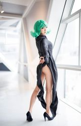 Rule 34 | 1girl, ass, back, black dress, cosplay, dress, green hair, high heels, legs, one-punch man, photo (medium), rikachuu, solo, standing, tatsumaki