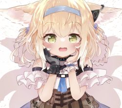 Rule 34 | 1girl, animal ear fluff, animal ears, arknights, black choker, black gloves, blouse, blue headband, blush, chest belt, choker, commentary, cowboy shot, fox ears, fox girl, fox tail, frilled sleeves, frills, gloves, green eyes, hands on own cheeks, hands on own face, hands up, headband, heart, heart in eye, highres, infection monitor (arknights), looking at viewer, material growth, medium hair, multiple tails, off-shoulder shirt, off shoulder, open mouth, oripathy lesion (arknights), pouch, purple skirt, shirt, single glove, single wrist cuff, skirt, solo, suzuran (arknights), symbol-only commentary, symbol in eye, tail, tsuna (seachicken 0141), white background, white shirt, wrist cuffs