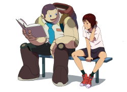 Rule 34 | 1boy, 1girl, android, arm behind head, arm rest, backpack, bad id, bad pixiv id, bag, bench, between legs, blue eyes, blush, book, brown eyes, brown hair, graphite (medium), grin, hand between legs, holding, holding book, joints, knees, knees apart feet together, ladic, looking at another, mixed media, necktie, no laces, open book, open mouth, original, pink shirt, robot joints, scan, scan artifacts, shirt, shoes, short hair, simple background, sitting, size difference, skirt, smile, sneakers, socks, sweatdrop, traditional media, very short hair, white background, wristband