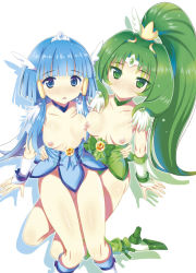 Rule 34 | 10s, 2girls, aoki reika, bare legs, blue eyes, blue hair, blush, breast press, breasts, cure beauty, cure march, green eyes, green hair, high heels, katsuo, long hair, looking at viewer, midorikawa nao, multiple girls, nipples, nipples touching, open clothes, ponytail, precure, sabano niwatori, shoes, sidelocks, small breasts, smile precure!