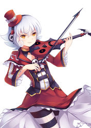 Rule 34 | 1girl, bow (music), euforia, hat, headphones, instrument, mini hat, music, pantyhose, playing instrument, short hair, silver hair, simple background, skull, smile, solo, striped clothes, striped pantyhose, violin, white background, yellow eyes