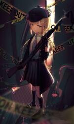 Rule 34 | 1girl, absurdres, black headwear, black socks, blonde hair, blue coat, blue gloves, blue necktie, brown eyes, brown footwear, caution tape, coat, collared shirt, commentary, corpse, dress shirt, english commentary, english text, gloves, grey skirt, gun, highres, holding, holding gun, holding weapon, keep out, kneehighs, lemtun, loafers, long hair, looking at viewer, necktie, open clothes, open coat, original, pleated skirt, ponytail, shirt, shoes, shotgun, shotgun shell, sidelocks, skirt, sleeves past wrists, smoke, smoking gun, socks, solo, weapon, white shirt