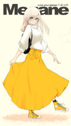 Rule 34 | 1girl, blonde hair, blue eyes, english text, eyelashes, glasses, happy, high tops, highres, hiragana oufu, long hair, long skirt, looking at viewer, original, round eyewear, shoes, simple background, skirt, smile, sneakers, solo, standing, sweater, swept bangs, white sweater, yellow background, yellow footwear, yellow skirt
