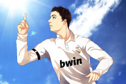 Rule 34 | 1boy, closed mouth, cloud, cloudy sky, cristiano ronaldo, day, finger gun, hand up, hrsaky, long sleeves, male focus, outdoors, real life, real madrid, short hair, sky, soccer, soccer uniform, solo, sportswear, uniform