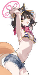Rule 34 | 1girl, absurdres, animal ear fluff, animal ears, bikini, black hair, blue archive, blue shorts, blush, breasts, chinoryuu, colored eyelashes, cowboy shot, fang, fox ears, fox tail, hair between eyes, halo, highres, izuna (blue archive), izuna (swimsuit) (blue archive), medium breasts, navel, official alternate costume, open mouth, pink halo, pink scarf, scarf, short hair, short shorts, shorts, simple background, skin fang, smile, solo, striped bikini, striped clothes, swimsuit, tail, white background, yellow eyes