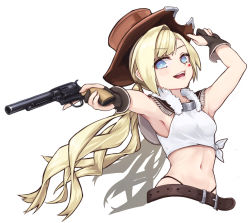 Rule 34 | 1girl, belt, black panties, blonde hair, blue eyes, blush, breasts, brown belt, brown gloves, colt revolver (girls&#039; frontline), colt single action army, cowboy hat, cropped torso, facial mark, fringe trim, fur collar, girls&#039; frontline, gloves, gun, handgun, hat, highleg, highleg panties, highres, holding, holding gun, holding weapon, long hair, mari0ball, midriff, navel, open mouth, panties, partially fingerless gloves, pistol, revolver, shadow, shirt, simple background, small breasts, solo, star (symbol), tied shirt, twintails, underwear, weapon, white background