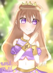 Rule 34 | 1girl, artist name, artist request, blurry, blurry background, blush, bracelet, breasts, brown hair, butterfly (love live!), choker, cleavage, close-up, clothing cutout, collarbone, cropped shirt, crown, detached sleeves, double bun, dress, dress shirt, earrings, female focus, fingers together, gold bracelet, hair between eyes, hair bun, hair rings, harem outfit, jewelry, konoe kanata, long hair, looking at viewer, love live!, love live! nijigasaki high school idol club, love live! school idol festival, navel, outdoors, own hands together, parted lips, puffy short sleeves, puffy sleeves, purple eyes, purple shirt, purple shorts, shirt, short sleeves, shorts, shoulder cutout, small breasts, smile, solo, two side up, yellow bracelet, yellow choker
