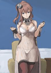 Rule 34 | 1girl, anchor, black gloves, blue background, blue eyes, blush, bra, breasts, brown hair, chair, cleavage, collar, collarbone, cowboy shot, dress, embarrassed, fingerless gloves, gloves, gluteal fold, hair between eyes, kantai collection, lingerie, long hair, looking at viewer, medium breasts, navel, neckerchief, open clothes, open dress, panties, parted lips, red thighhighs, saratoga (kancolle), saratoga mk ii (kancolle), see-through, side-tie panties, side ponytail, single glove, solo, standing, table, thighhighs, underwear, upper body, vent arbre, white bra, white panties