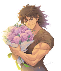 Rule 34 | 1boy, backlighting, bad id, bad pixiv id, black shirt, bouquet, broly (dragon ball super), brown eyes, brown hair, commentary, dark-skinned male, dark skin, dragon ball, dragon ball super, dragon ball super broly, english commentary, facial scar, floating hair, flower, happy, head tilt, leaf, libeuo (liveolivel), light particles, looking at viewer, male focus, muscular, plant, purple flower, purple rose, rose, scar, scar on arm, scar on cheek, scar on face, shirt, short sleeves, simple background, smile, solo, standing, twitter username, upper body, white background