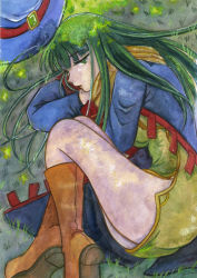 Rule 34 | 1girl, alice soft, artist request, ass, grass, green eyes, green hair, looking at viewer, looking to the side, lying, masou shizuka, rance (series), sengoku rance, solo