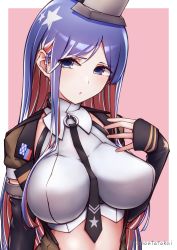 Rule 34 | 1girl, black gloves, black necktie, blue eyes, blue hair, breasts, brown jacket, crop top, dress shirt, elbow gloves, gloves, headgear, highres, jacket, kantai collection, large breasts, long hair, multicolored hair, namaata, necktie, open clothes, open jacket, red hair, shirt, short sleeves, sleeveless, solo, south dakota (kancolle), star (symbol), upper body, white hair, white shirt