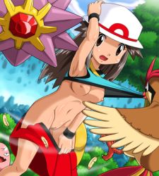 Rule 34 | 00s, 1girl, assisted exposure, breasts, brown eyes, brown hair, clothes lift, clothes pull, creatures (company), exeggcute, game freak, gen 1 pokemon, hat, leaf (pokemon), lowres, medium breasts, nintendo, nipples, no bra, no panties, pidgeotto, pokemoa, pokemon, pokemon (creature), pokemon frlg, pokephilia, porkpie hat, pussy, shirt lift, shirt pull, skirt, skirt pull, starmie, tamatama, uncensored, wardrobe malfunction
