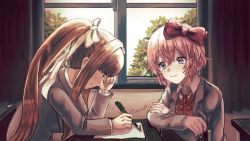 Rule 34 | 2girls, blue eyes, bow, brown hair, chair, classroom, closed mouth, crossed arms, curtains, desk, doki doki literature club, green eyes, long hair, monika (doki doki literature club), multiple girls, nervous, paper, pen, pink hair, ponytail, red bow, ribbon, sabania 404, sayori (doki doki literature club), school, school desk, school uniform, short hair, sitting, smile, sweat, white ribbon, window, writing