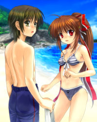 Rule 34 | 1boy, 1girl, absurdres, beach, bikini, day, front-tie top, hair ribbon, highres, key (company), little busters!, long hair, mutsuki (moonknives), naoe riki, natsume rin, outdoors, ponytail, red eyes, ribbon, striped bikini, striped clothes, swimsuit, very long hair
