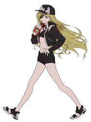 Rule 34 | 1girl, adapted costume, alternate costume, bare legs, baseball cap, bikini, bikini top only, black bikini, black hat, black jacket, black shorts, blonde hair, breasts, cropped jacket, cup, drink, drinking, drinking straw, drinking straw in mouth, eyepatch, frappuccino, full body, green eyes, hand on own hip, hat, highres, holding, holding cup, index (toaru majutsu no index), jacket, long hair, looking at viewer, one eye covered, open clothes, open jacket, othinus, sandals, short shorts, shorts, simple background, small breasts, solo, starbucks, swimsuit, teruya (6w6y), toaru majutsu no index, walking, white background