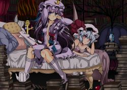 Rule 34 | 2girls, arm support, bat wings, bed, blue eyes, blue hair, book, bookshelf, camisole, cup, cushion, dark, embodiment of scarlet devil, feet, female focus, hat, kneehighs, library, long hair, lying, multiple girls, no bra, on stomach, open clothes, open robe, patchouli knowledge, plant, pointy ears, purple eyes, purple hair, red eyes, remilia scarlet, robe, room, roots, satou samu, short hair, sitting, socks, strap slip, stretching, teacup, teapot, touhou, vase, voile, wings