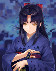 Rule 34 | 1girl, black hair, bow, commentary, glitch, hair bow, highres, hirono (hxze4434), holding, holding sword, holding weapon, japanese clothes, katana, kimono, long hair, mole, mole under mouth, nail polish, original, pointy ears, purple kimono, purple nails, red bow, smile, solo, sword, weapon, yellow eyes