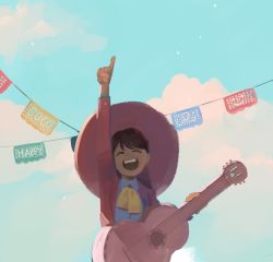 Rule 34 | 1boy, acoustic guitar, black hair, blue sky, bow, charro, coco (disney), dark skin, day, disney, guitar, hat, instrument, jacket, male focus, mariachi, miguel rivera, music, playing instrument, short hair, sky, smile, solo, sombrero, spoilers
